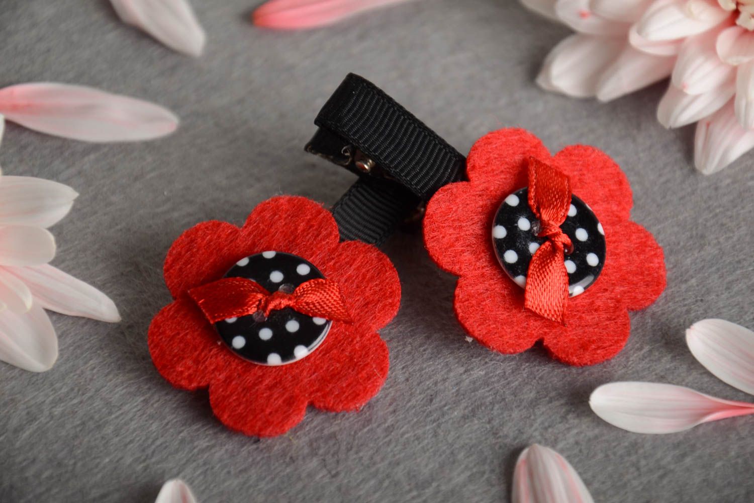 Hairpins with flowers for children set of 2 pieces red and black hand made  photo 1