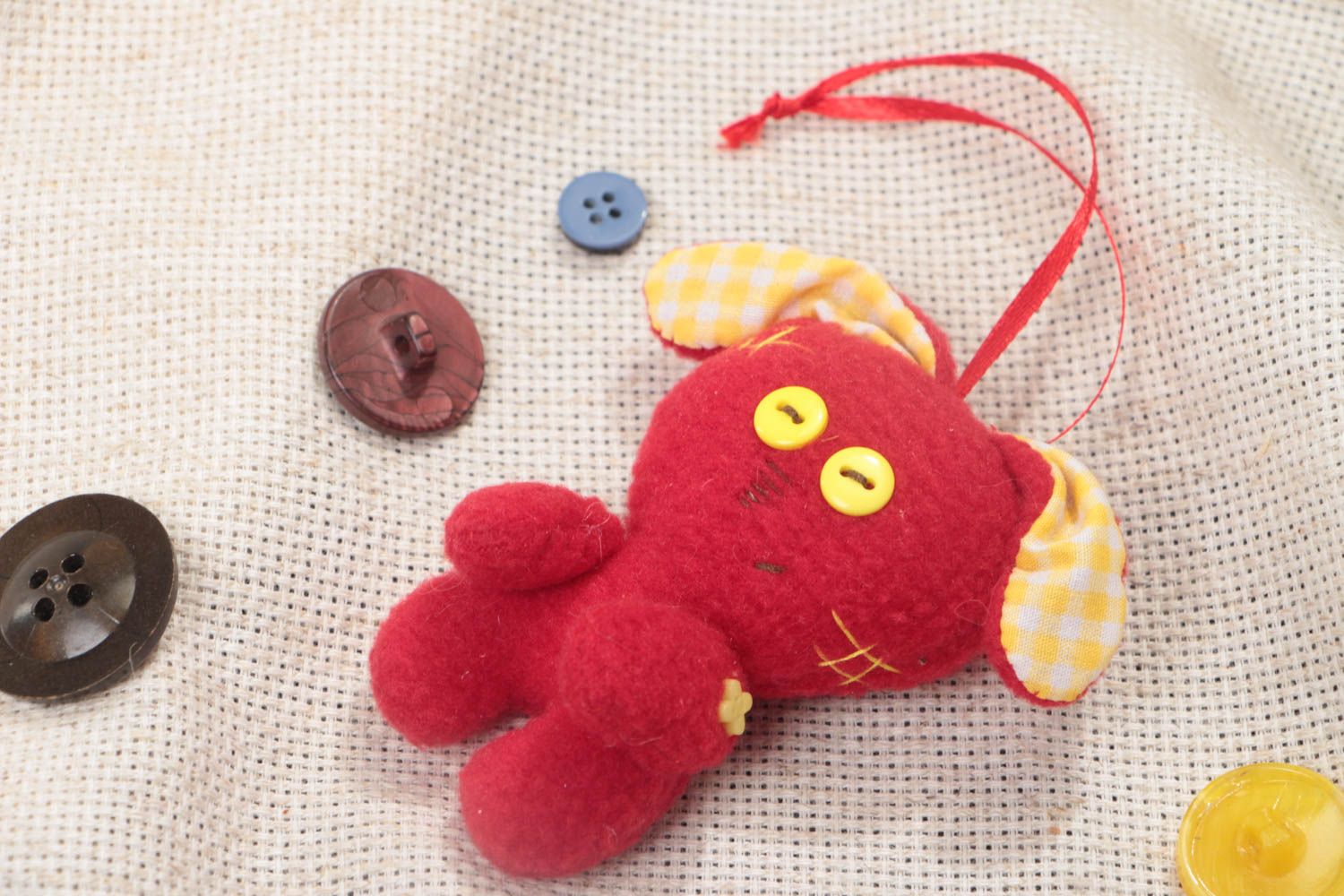 Handmade tiny soft toy red rabbit sewn of fleece with eyelet for interior  photo 1