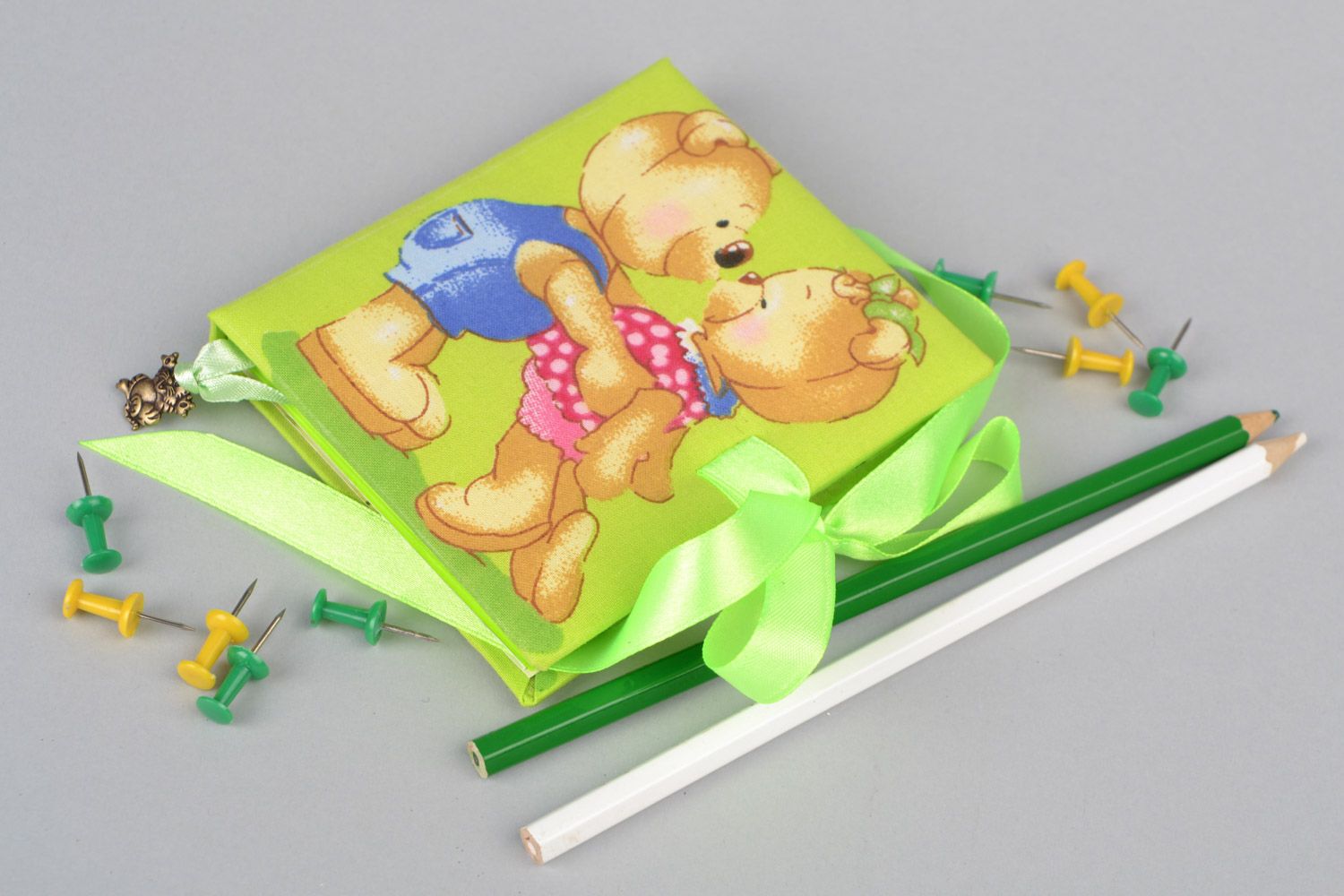 Handmade small square notebook with soft green cover with bears and ribbons photo 1