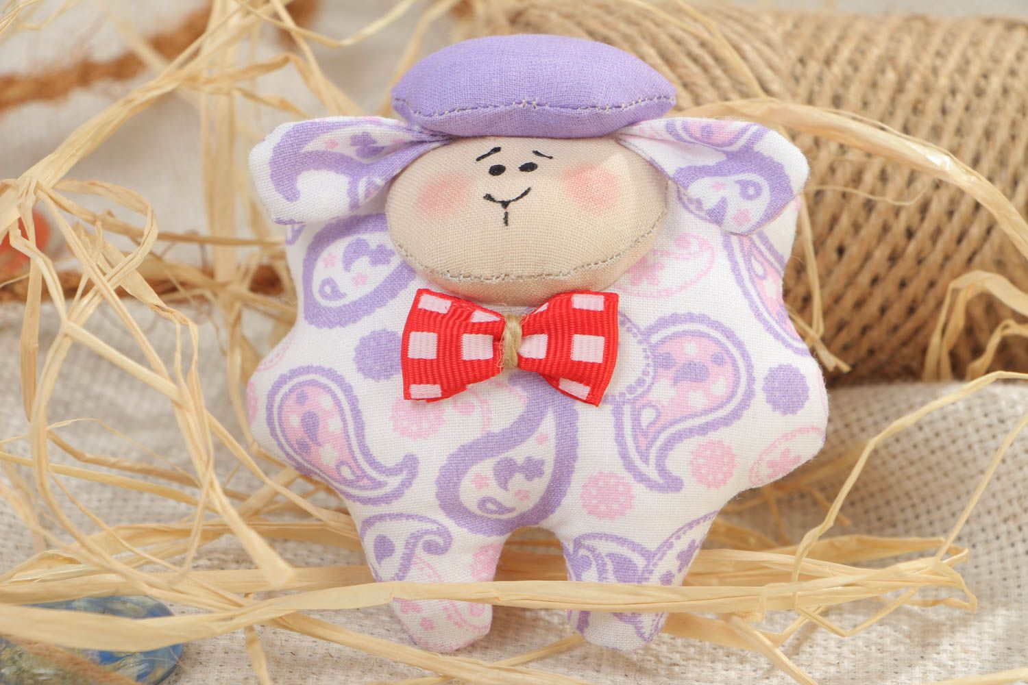 Handmade fridge magnet in the shape of soft toy lamb sewn of light cotton fabric photo 1