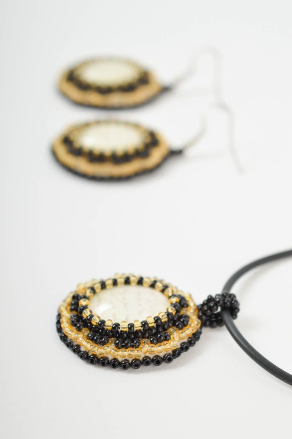 Beautiful handmade cabochon earrings pendant necklace metal jewelry set photo 3