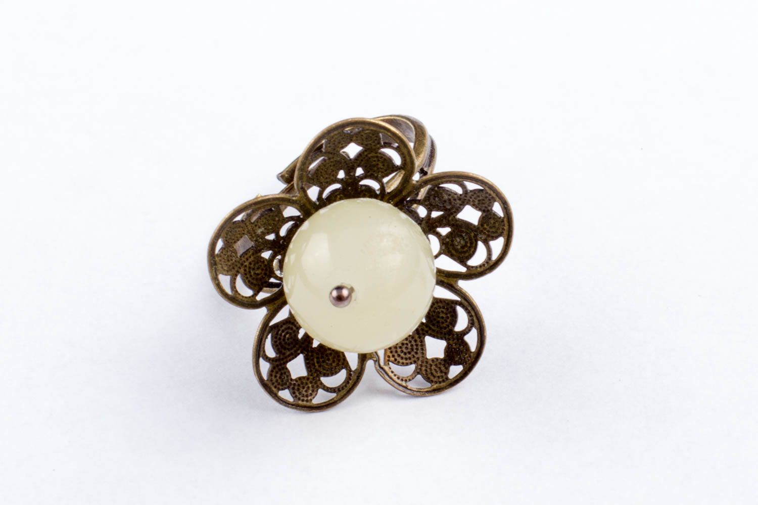 Designer stylish beautiful unusual white handmade metal ring with onyx photo 3