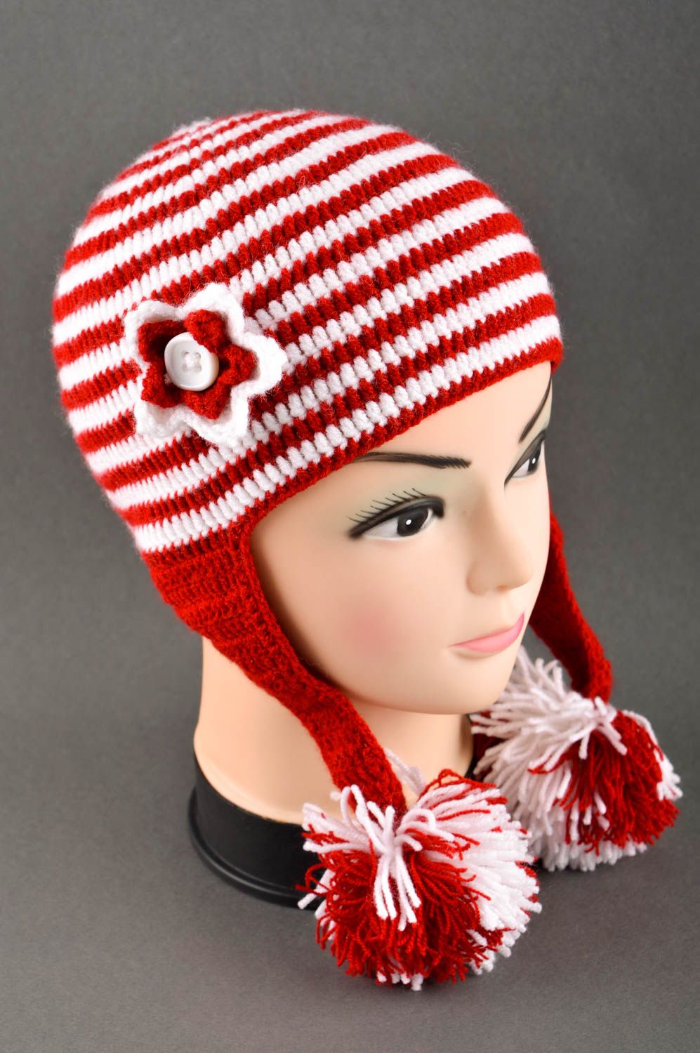 Шапка для девочки вязаная шапка ручной работы зимняя шапка красная с белым фото 1
