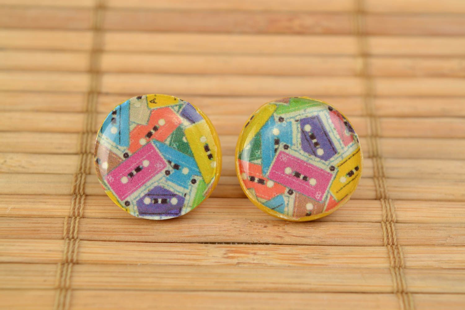 Handmade round polymer clay and epoxy resin stud earrings photo 1