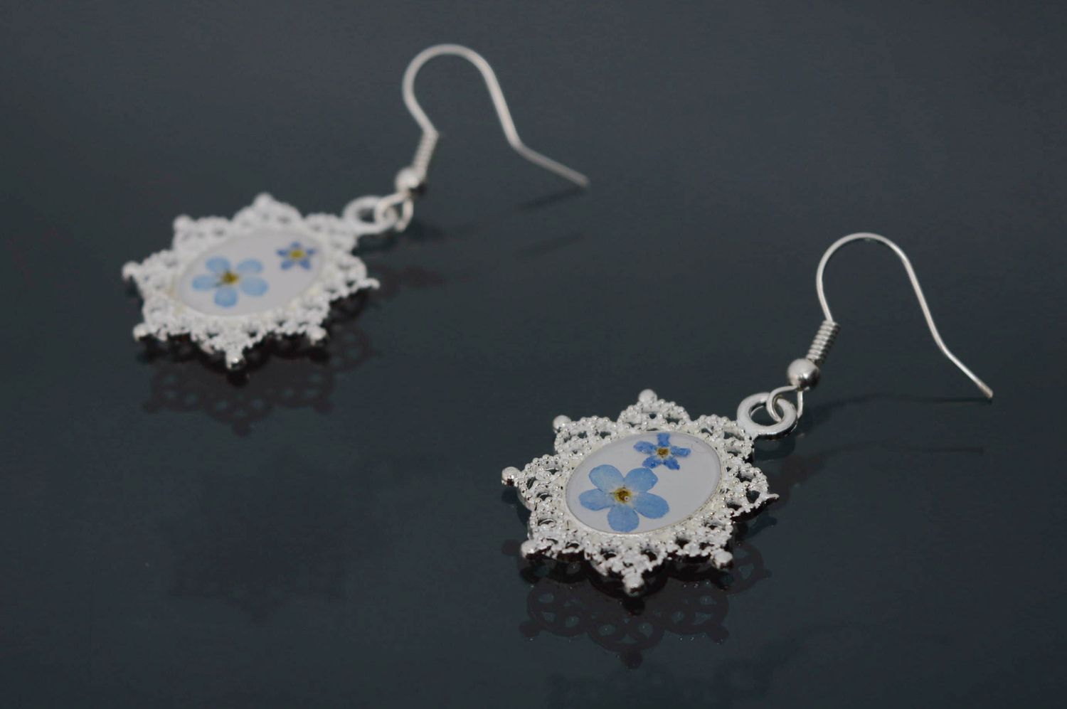 Epoxy resin earrings with forget-me-not flowers photo 4