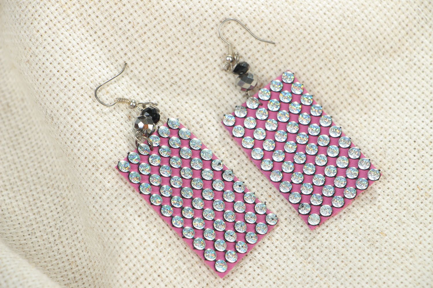 Artificial leather earrings of rectangular shape with rhinestones photo 5