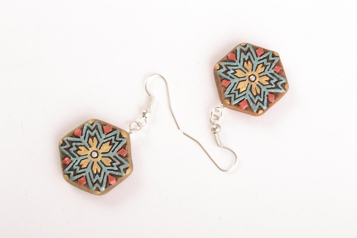 Handmade ceramic dangling earrings ornaments with acrylic paints in ethnic style photo 5