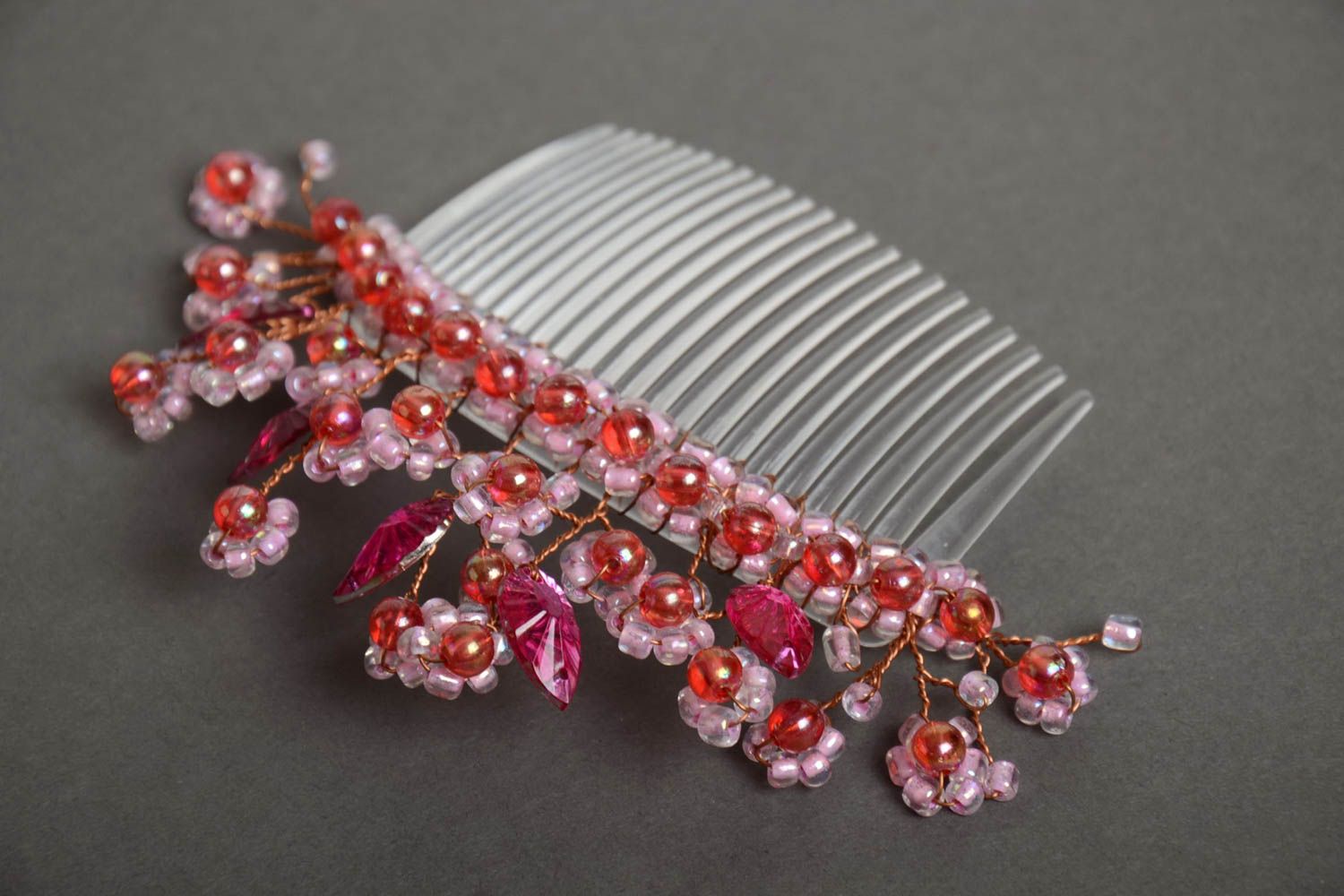 Beautiful handmade plastic hair comb with beads and flowers photo 2