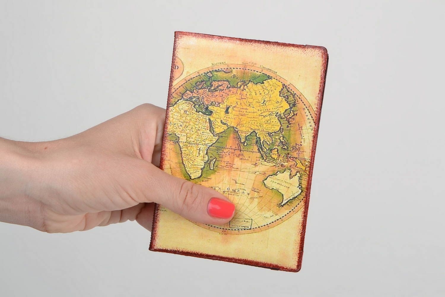 Handmade designer faux leather passport cover with decoupage Map of the World photo 2