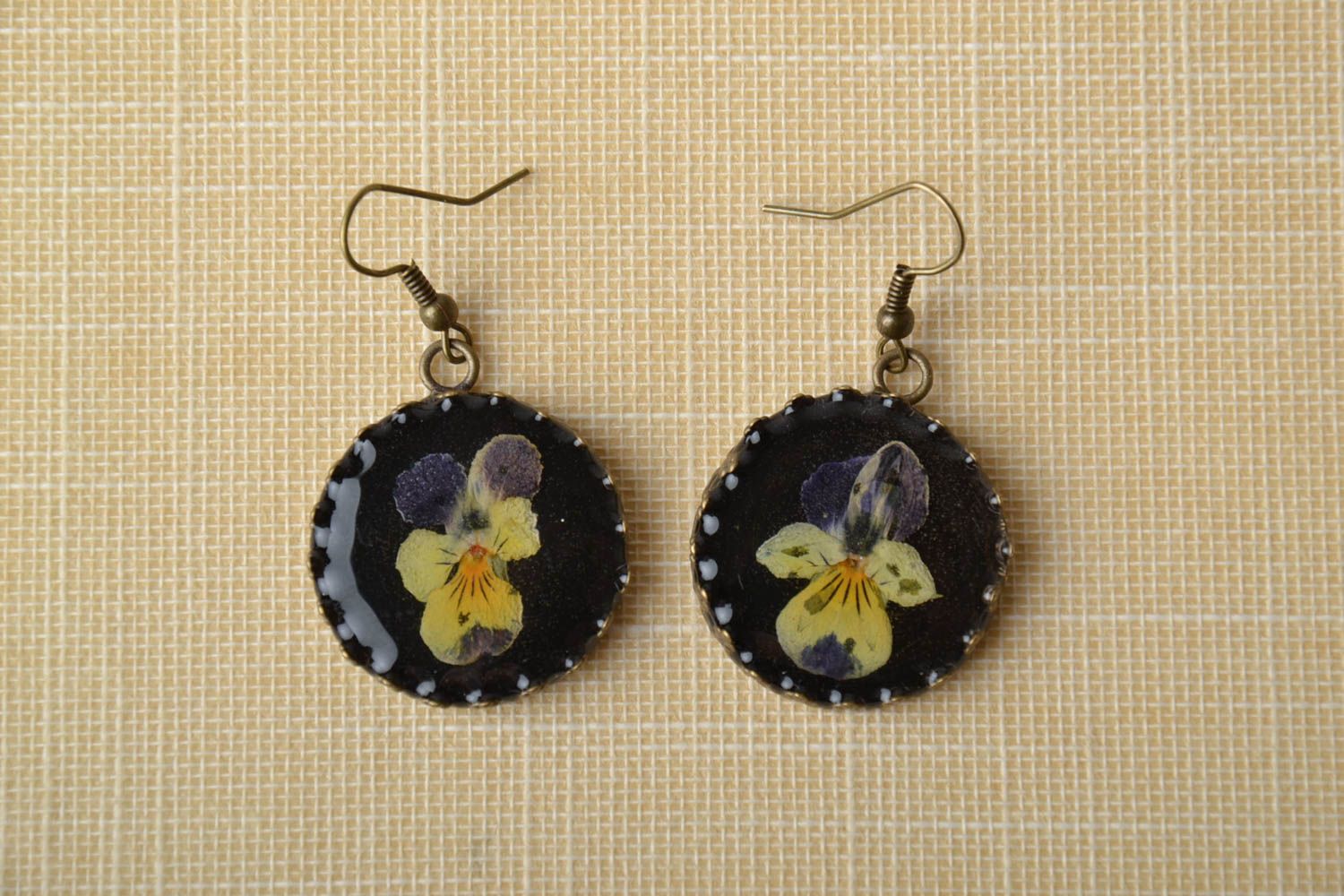 Unusual earrings with natural flowers in epoxy resin Wild Pansy photo 1