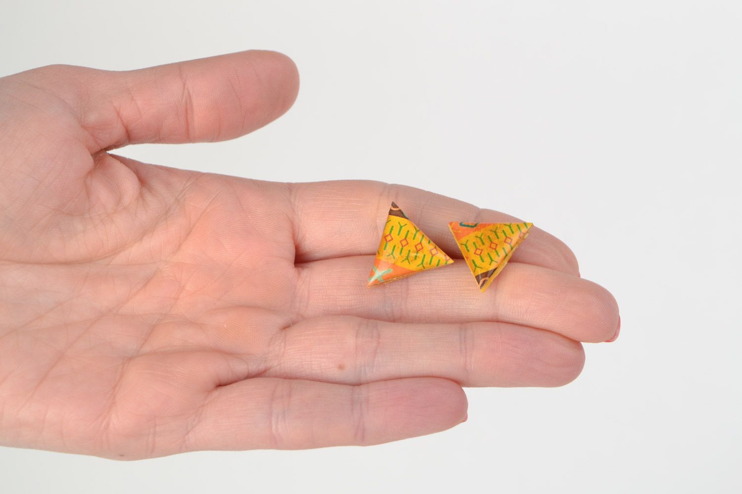 Handmade bright yellow triangle stud earrings with jewelry glaze for women photo 2