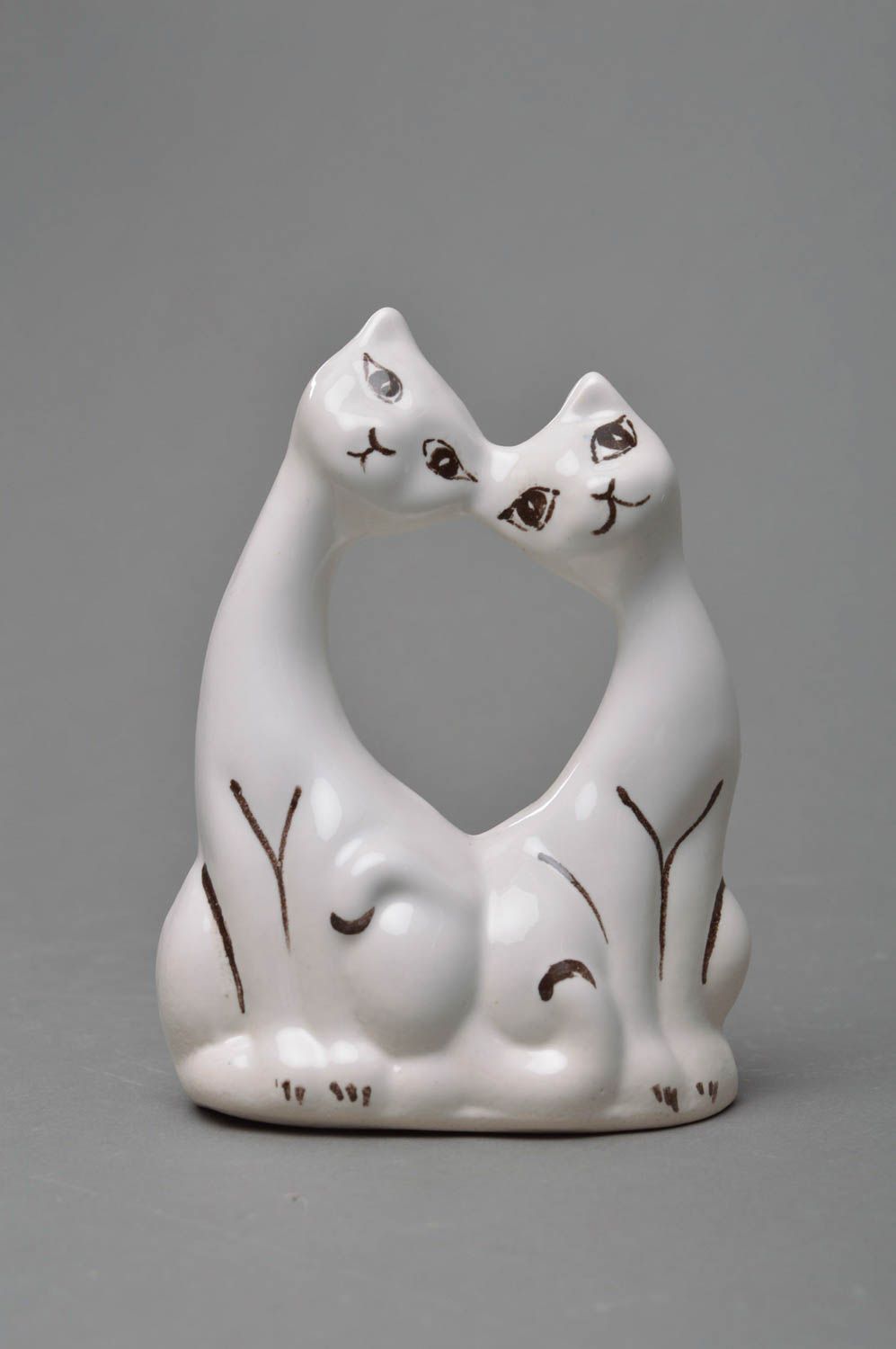 Unusual handmade small white porcelain figurine of cats in love photo 4