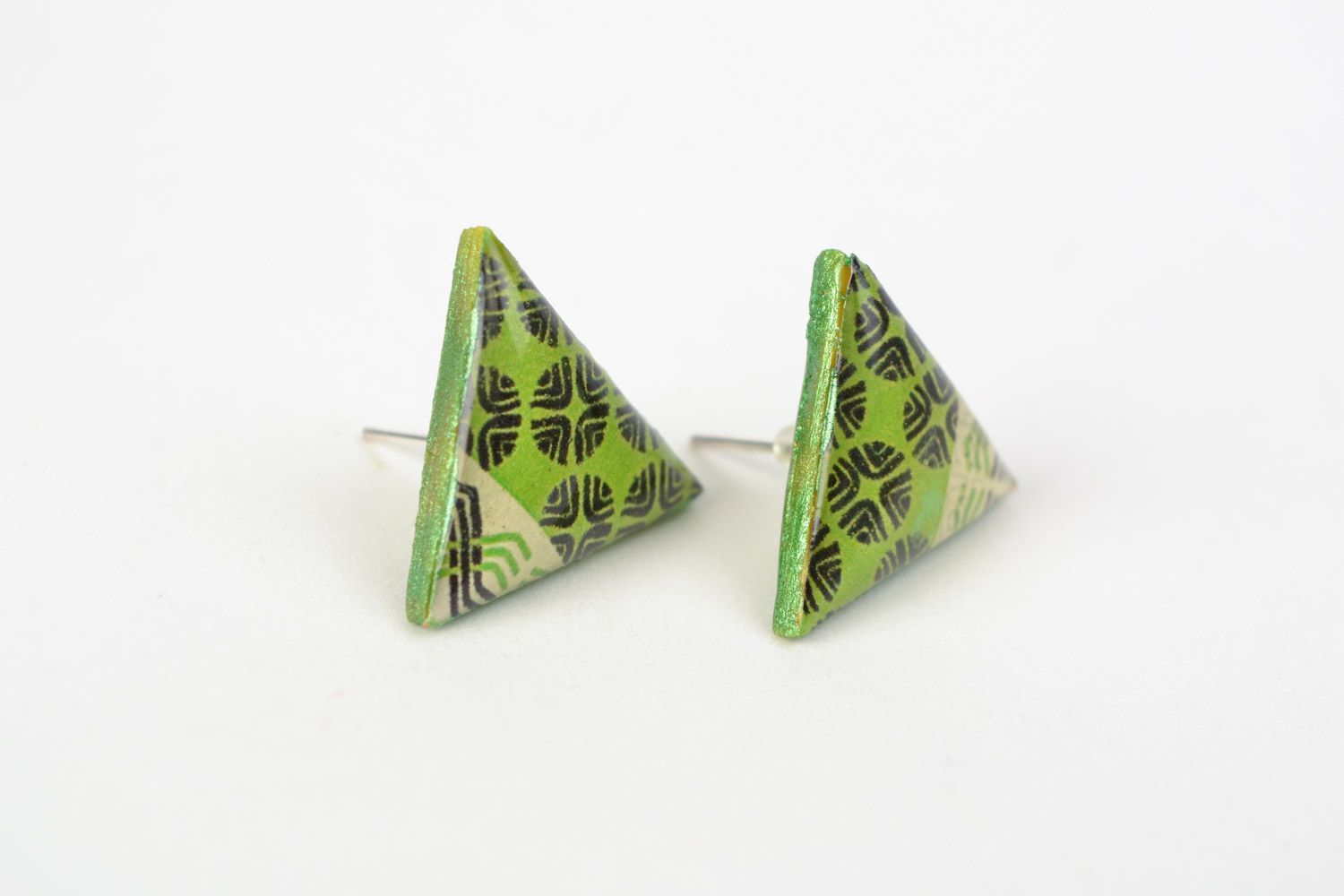 Unusual handmade jewelry glaze stud earrings with patterns of lime color photo 1