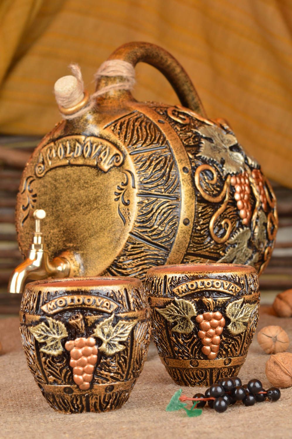 Handmade ceramic drinkware set decorative wine barrel with tap and 2 glasses photo 1