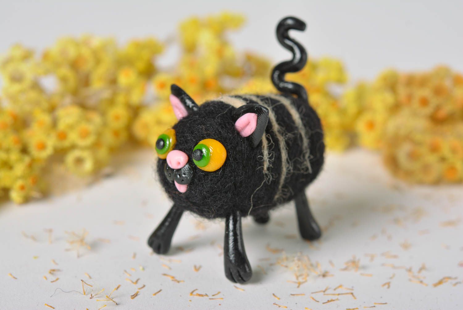 Woolen handmade toy stylish unusual statuette plastic figurine black cat photo 1