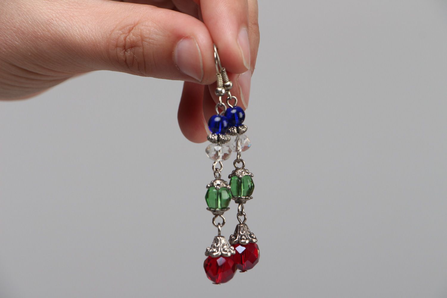 Handmade colorful long earrings with glass beads and metal fittings for ladies photo 3