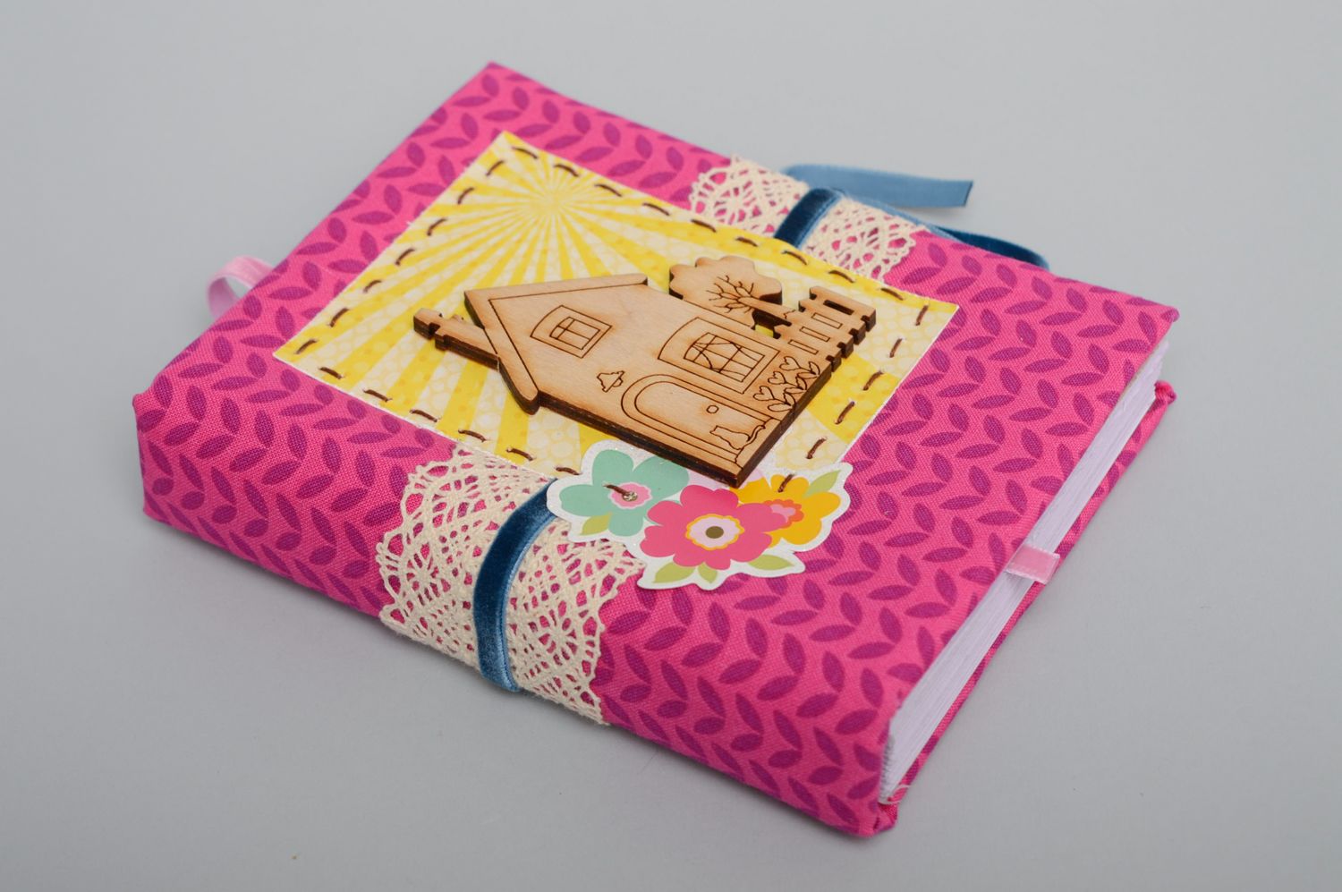 Bright pink handmade fabric notebook with soft cover photo 1