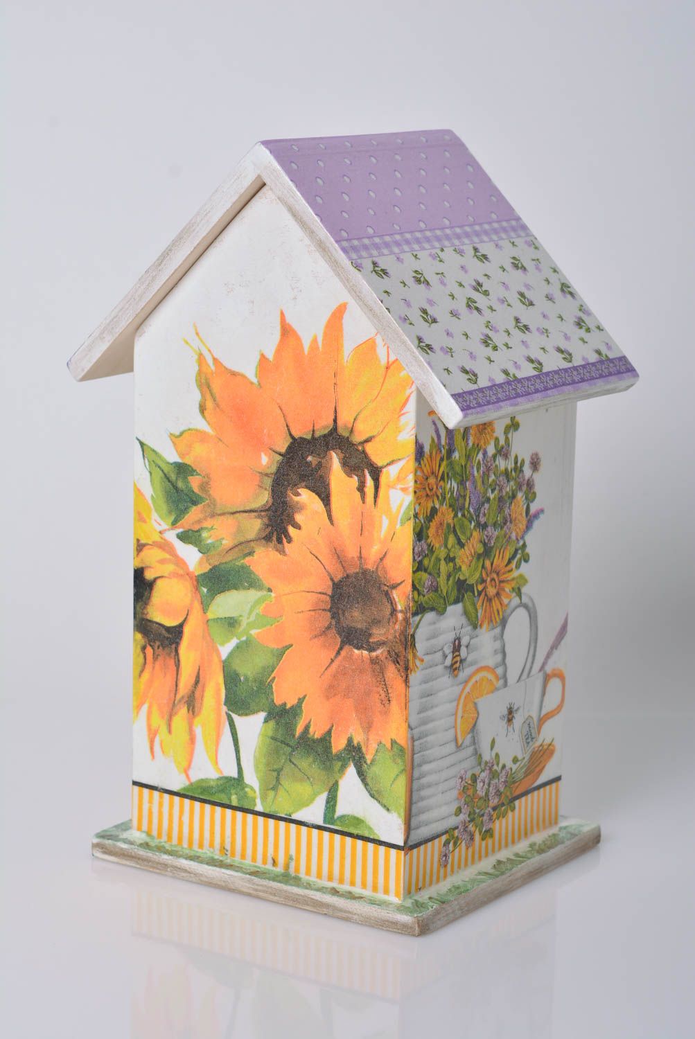 Beautiful small light colored handmade decoupage wooden tea bag box House photo 3