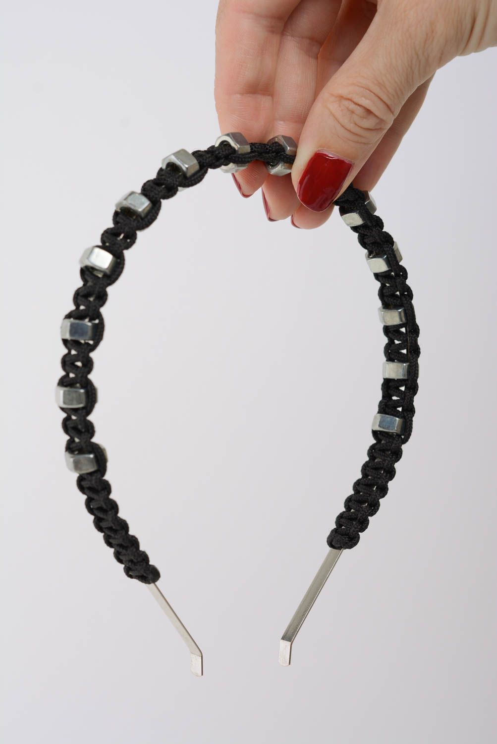 Unusual handmade designer black macrame woven headband with steel nuts decor photo 3