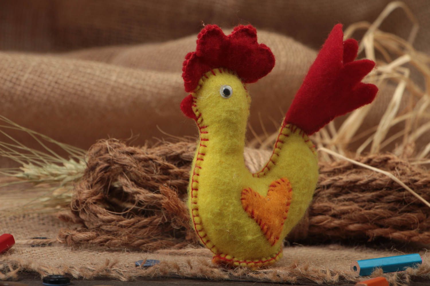 Rooster toy made of felt soft yellow handmade little designer present for baby photo 1