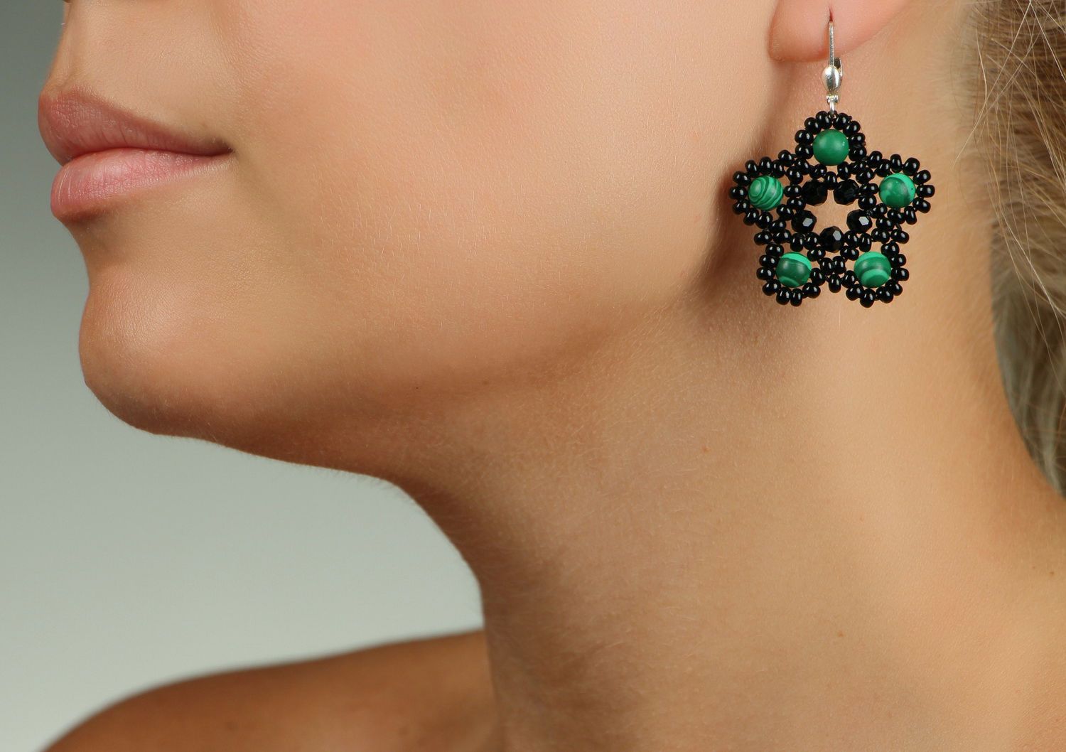 Earrings made of Czech beads and malachite photo 5