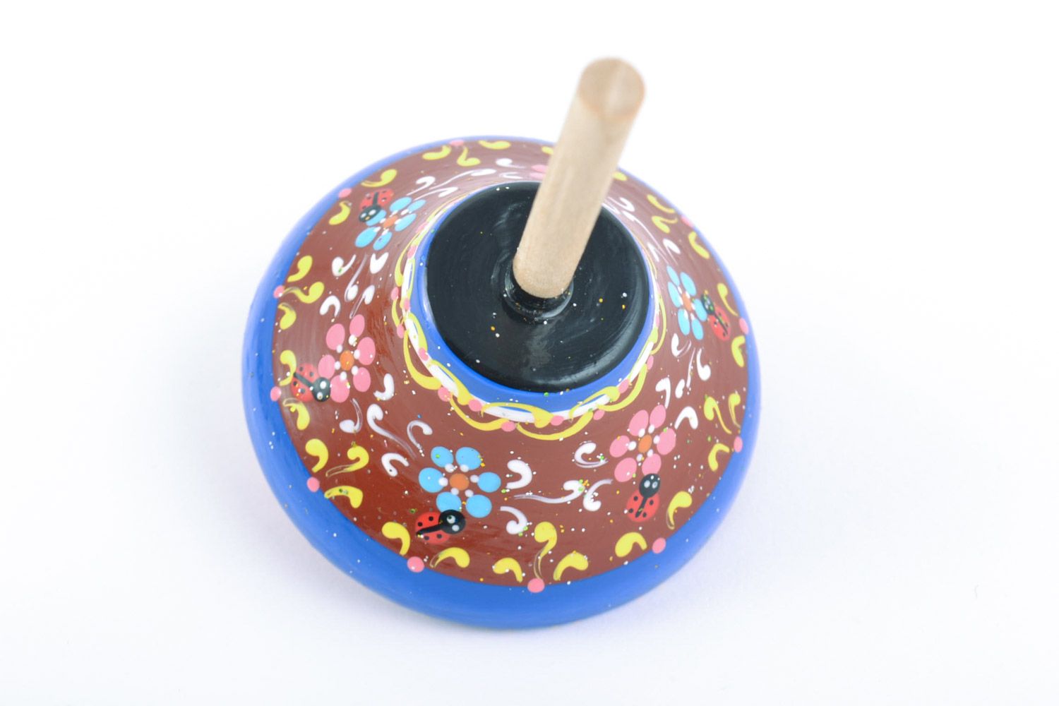 Маленькая деревянная юла с росписью красками развивающая игрушка ручной работы фото 4