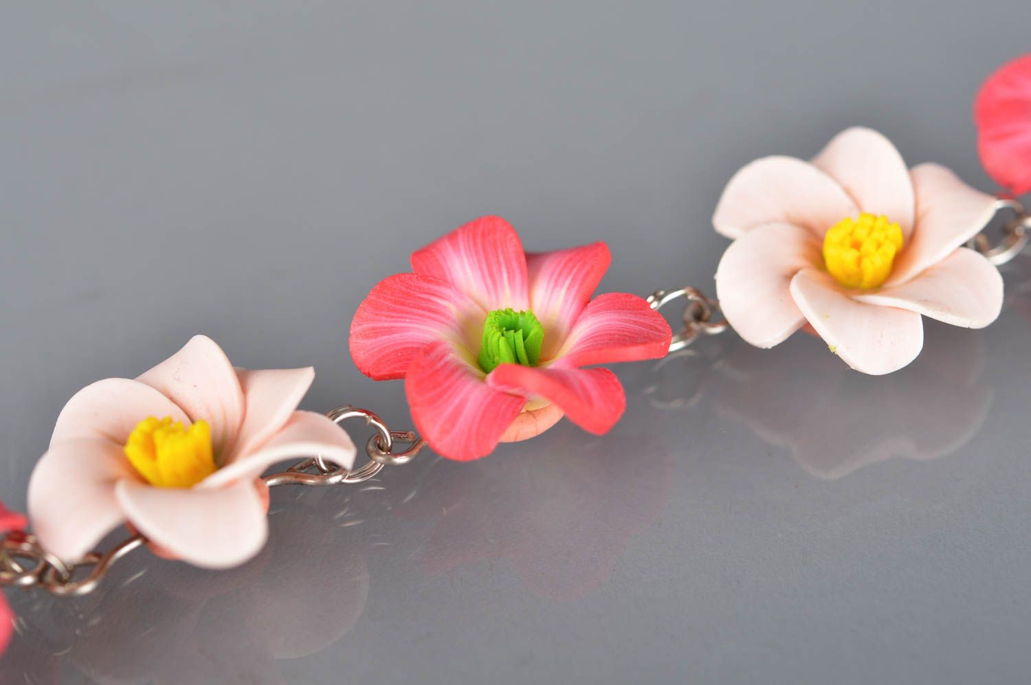 Thin designer polymer clay bracelet with flowers handmade accessory on chain photo 4