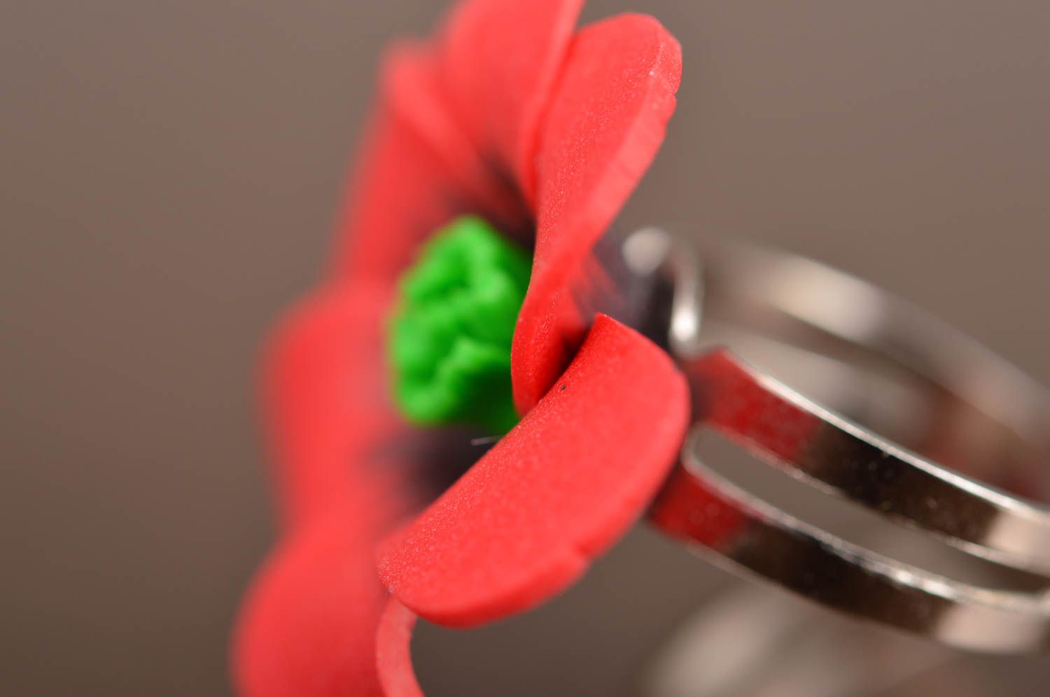 Handmade stylish ring made of polymer clay in shape of volume red poppy photo 5