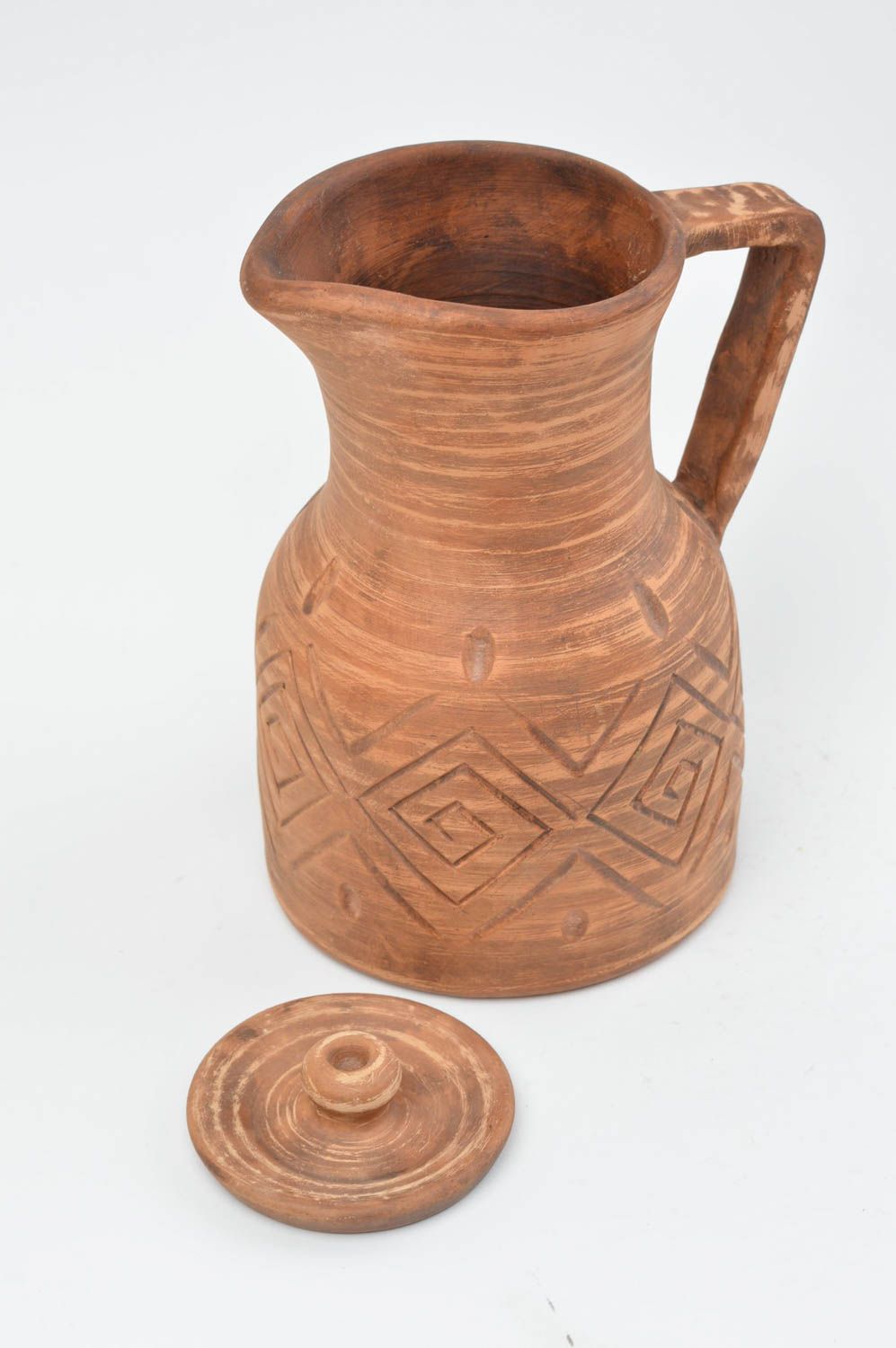 Керамический кувшин ручной работы из красной глины с ручкой с крышкой с узором фото 3