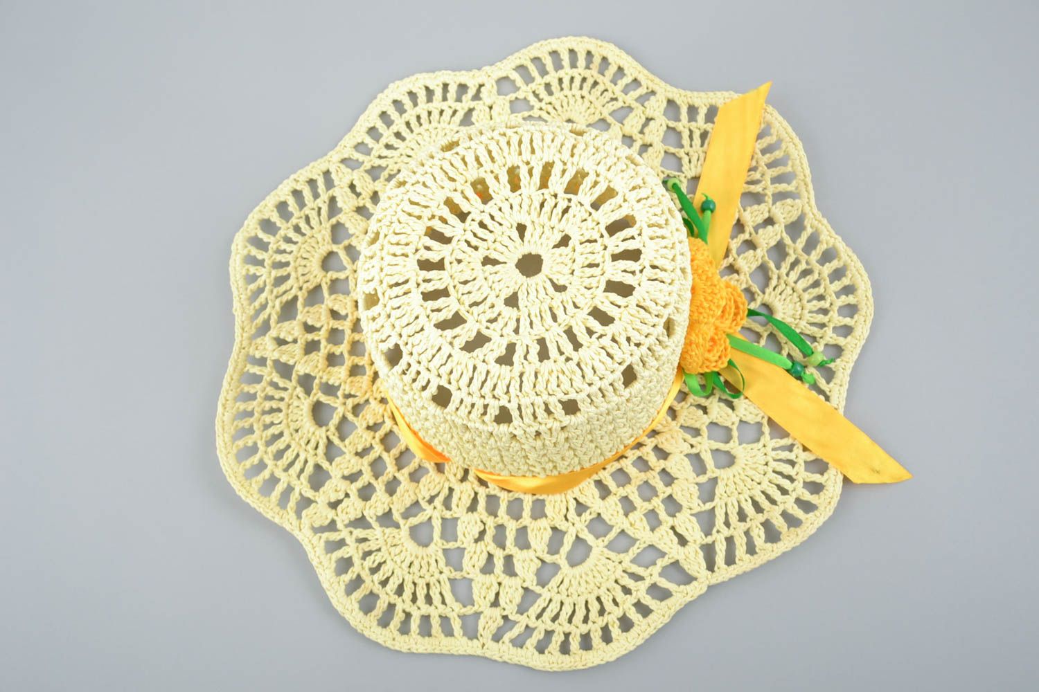 Handmade designer womens crocheted lacy summer hat with yellow artificial flower photo 4
