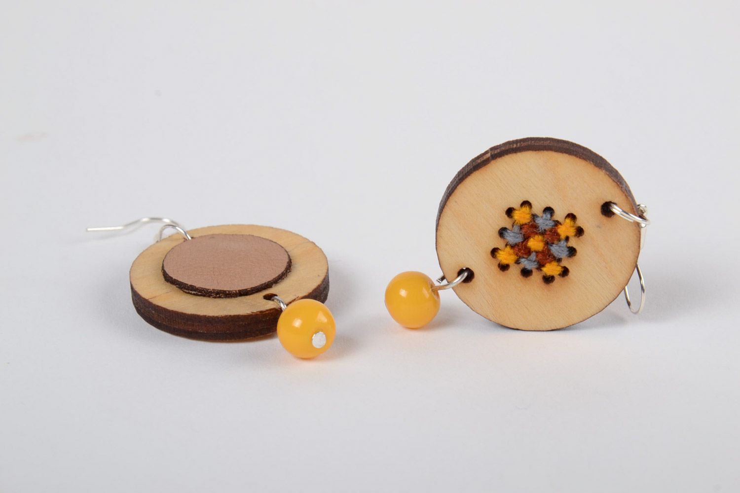 Handmade round plywood earrings with cross-stitch embroidery in eco style photo 4