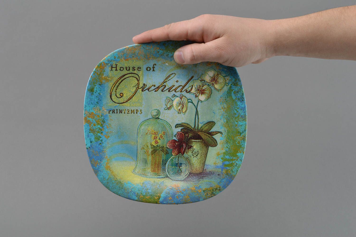 Handgemachter schöner origineller Decoupage Teller aus Glas für Interieur  foto 4