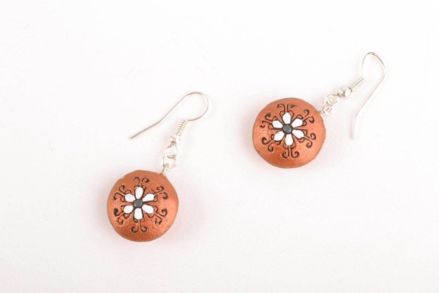 Small handmade round brown ceramic dangling earrings in boho chic style photo 5