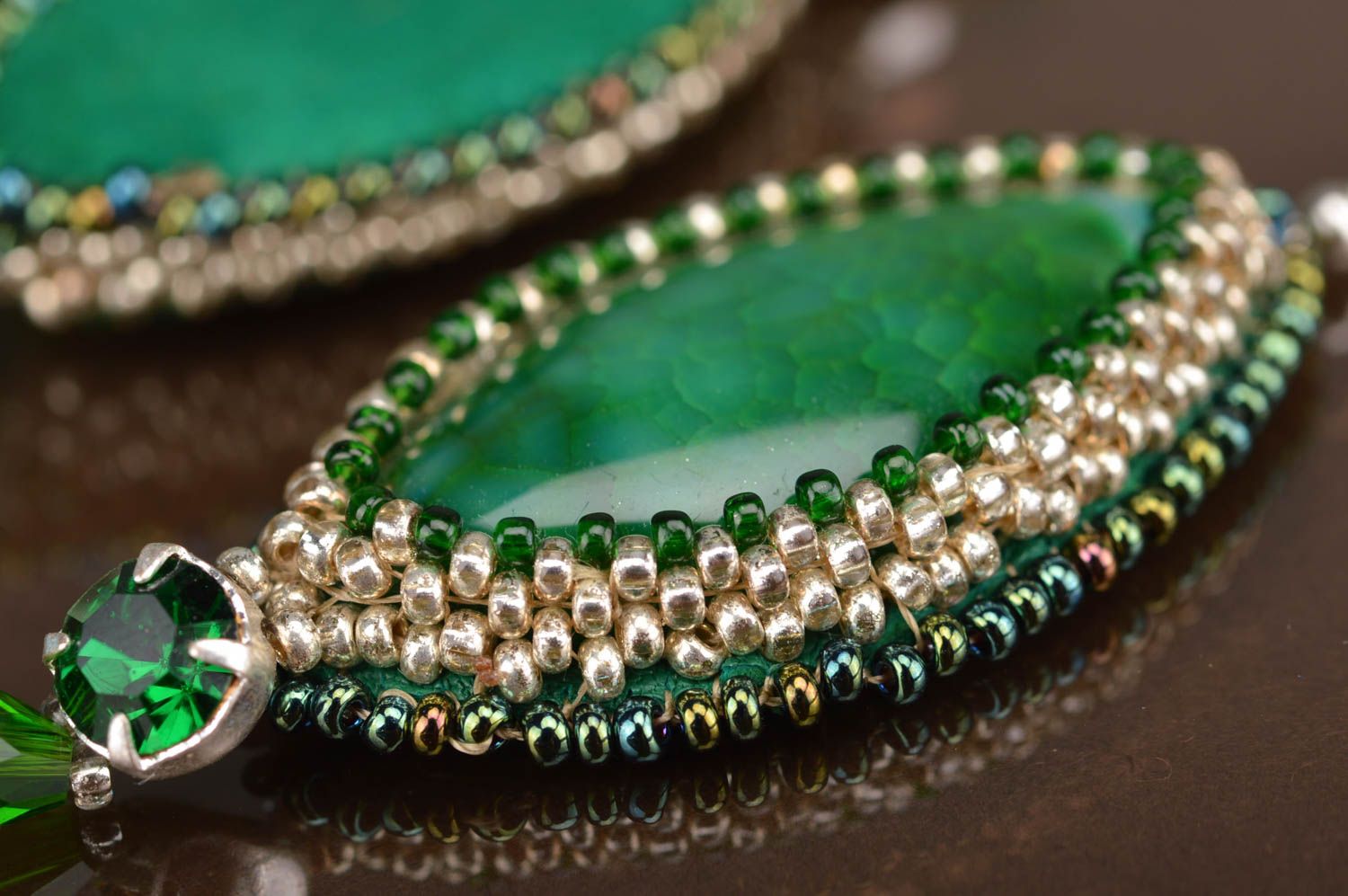 Ensemble bague et boucles d'oreilles perles de rocaille agate vertes faites main photo 5