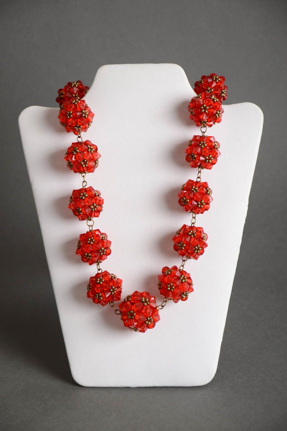 Handmade designer crocheted beaded necklace in bright red color palette photo 2