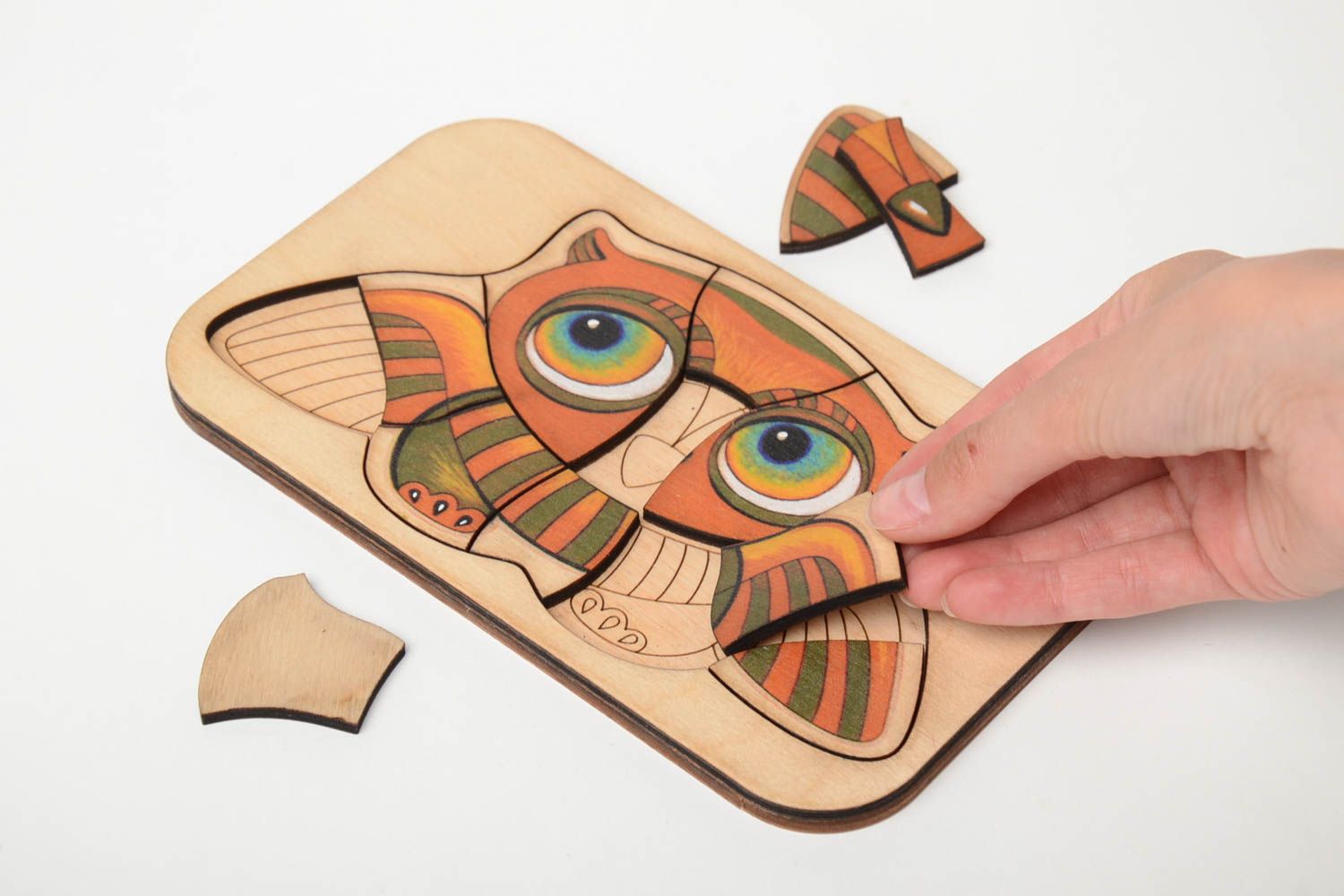 Handmade Puzzle Spiel aus Sperrholz Eule mit Acrylfarben bemalt für Kinder foto 3