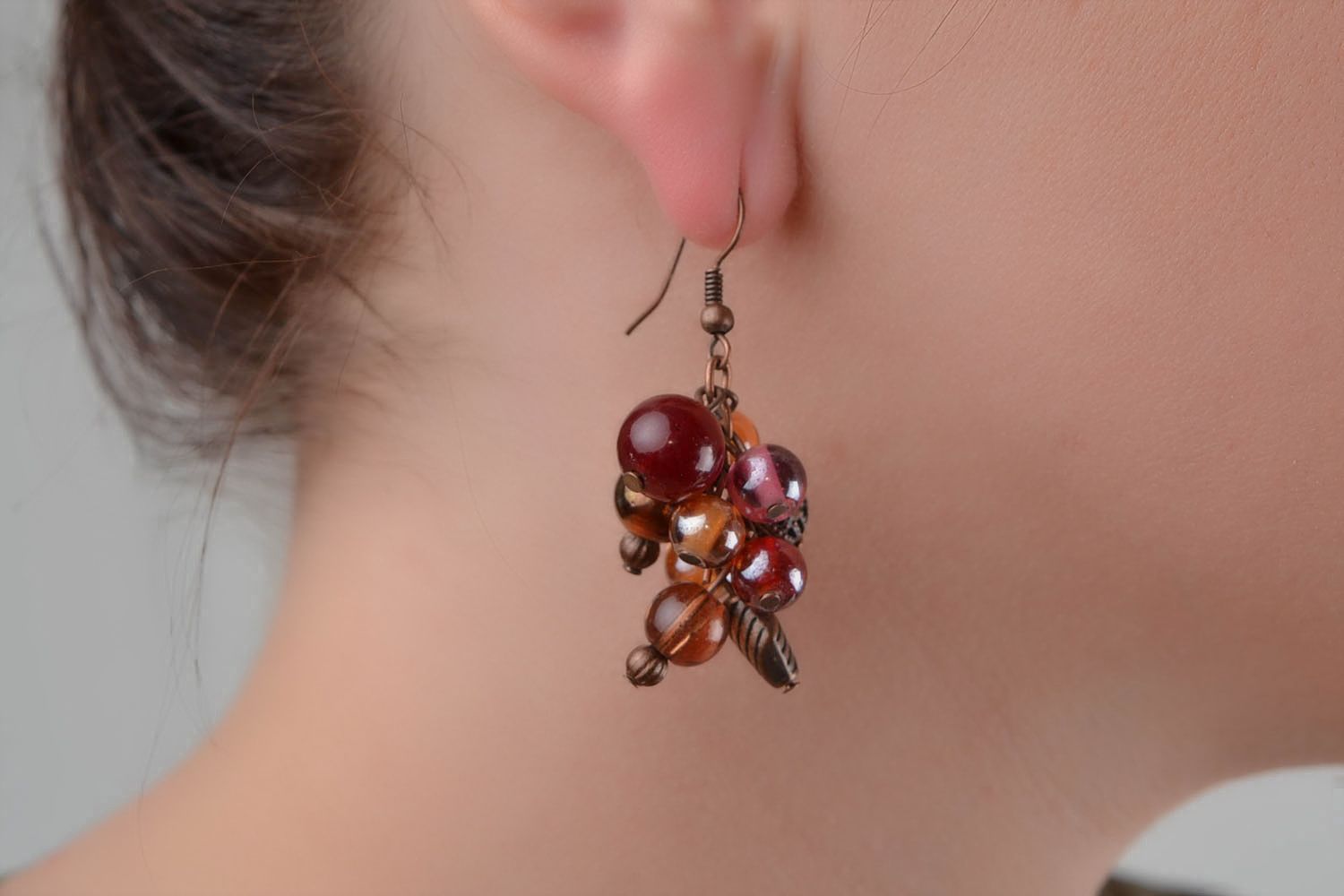 Handmade designer dangling earrings with coral and glass beads brown stylish photo 2