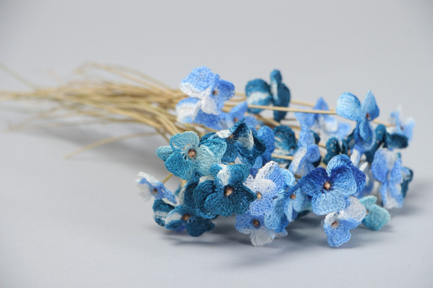 Bouquet of 43 blue decorative field flowers crocheted of cotton on acacia stalks photo 3