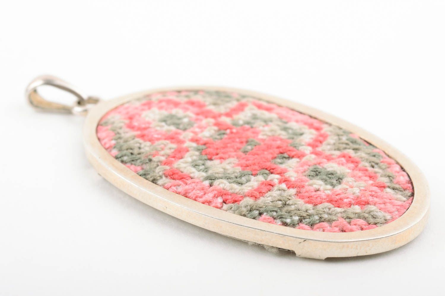 Handmade embroidered pendant female oval jewelry stylish accessory gift photo 5