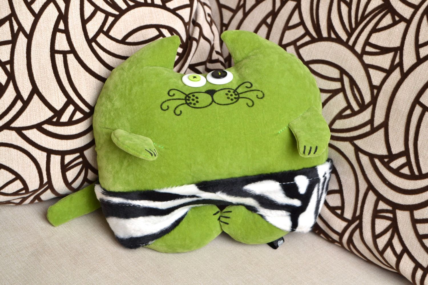 Handmade green soft cushion in the form of a cat made of flock fabric photo 1