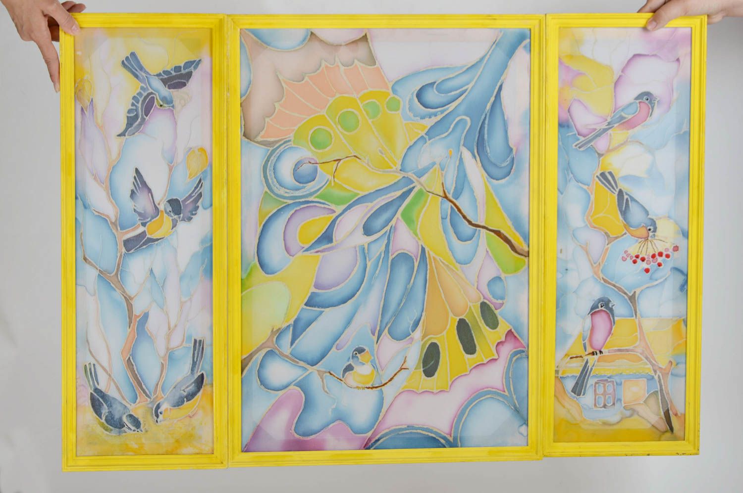 Tableau fait main triptyque original batik à froid cadre jaune Oiseaux d'hiver photo 2