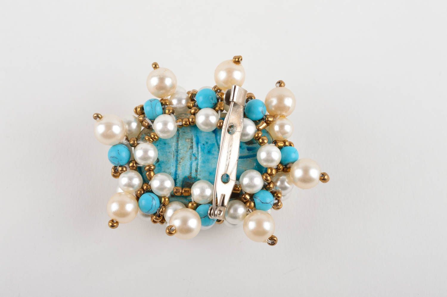 Broche fantaisie Bijou fait main ovale turquoise perles de rocaille Cadeau femme photo 4