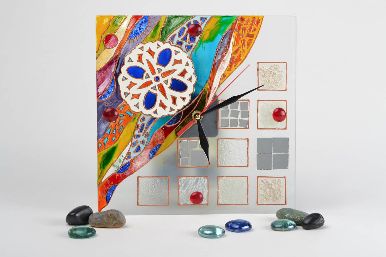 Handmade square glass wall clock with bright abstract stained glass painting photo 1