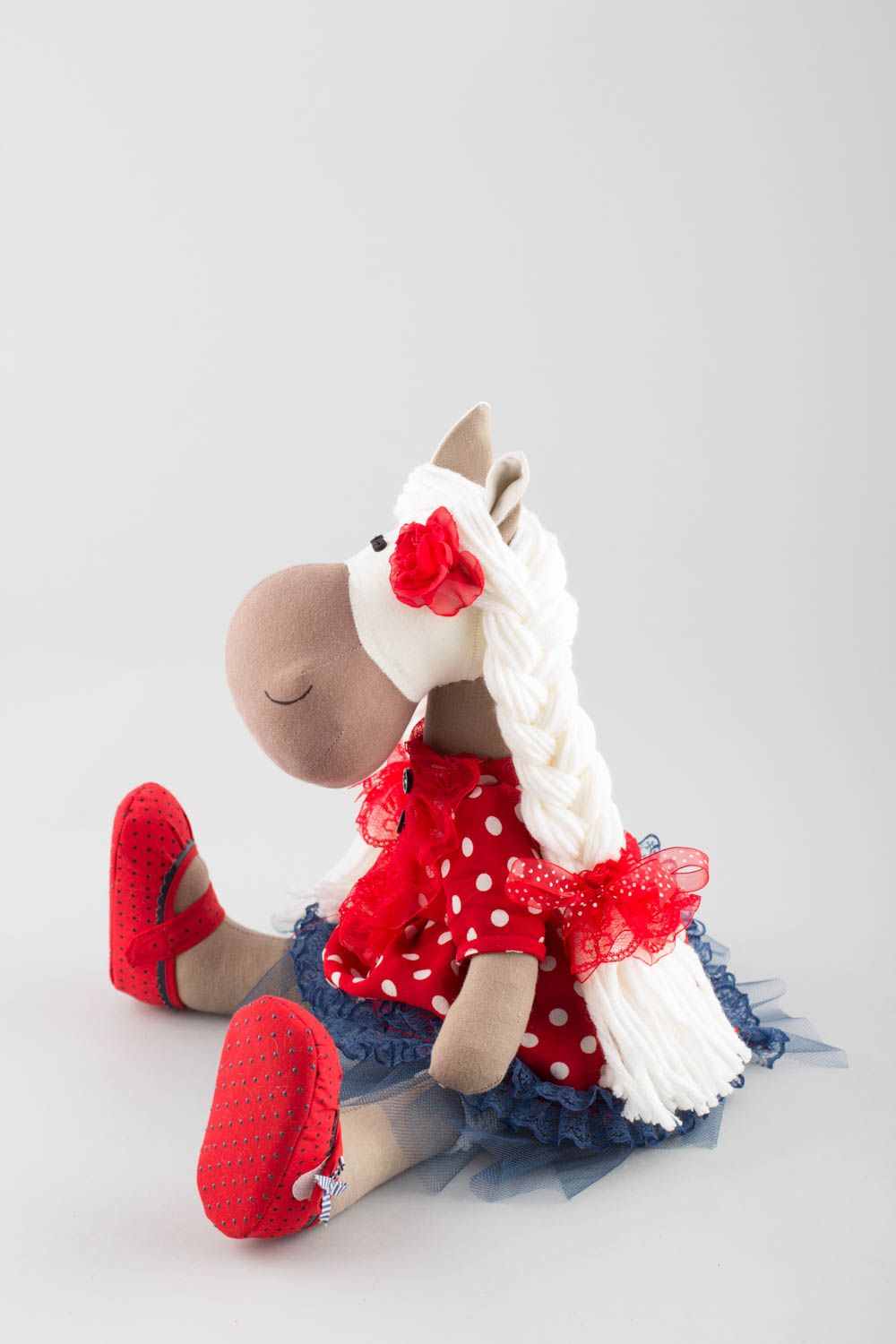 Peluche cheval en tissu de lin et coton faite main décorative pour enfants photo 4