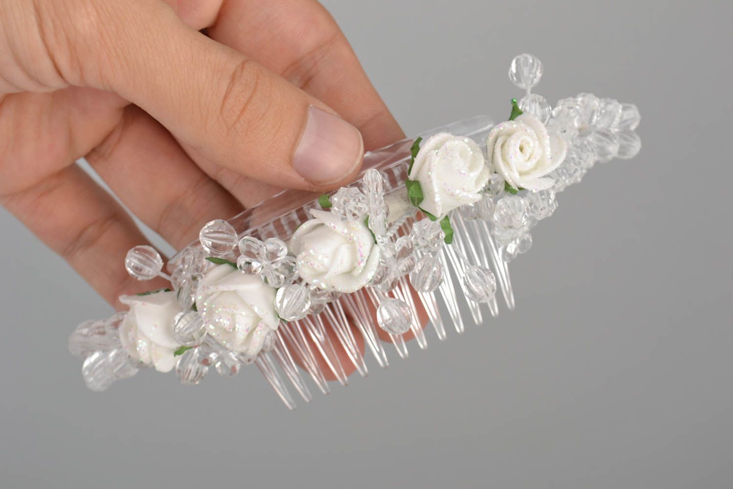 Beautiful white handmade wedding hair slide made of foamiran and satin ribbons photo 5