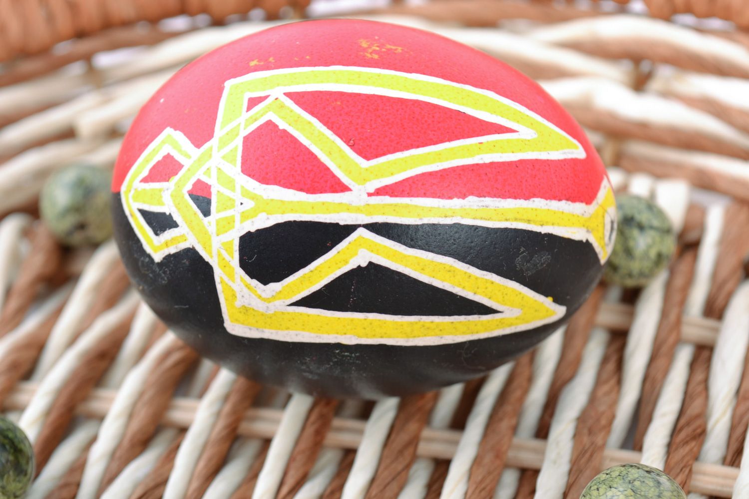 Handmade black and red Easter painted egg in Ukrainian style with Trident photo 1