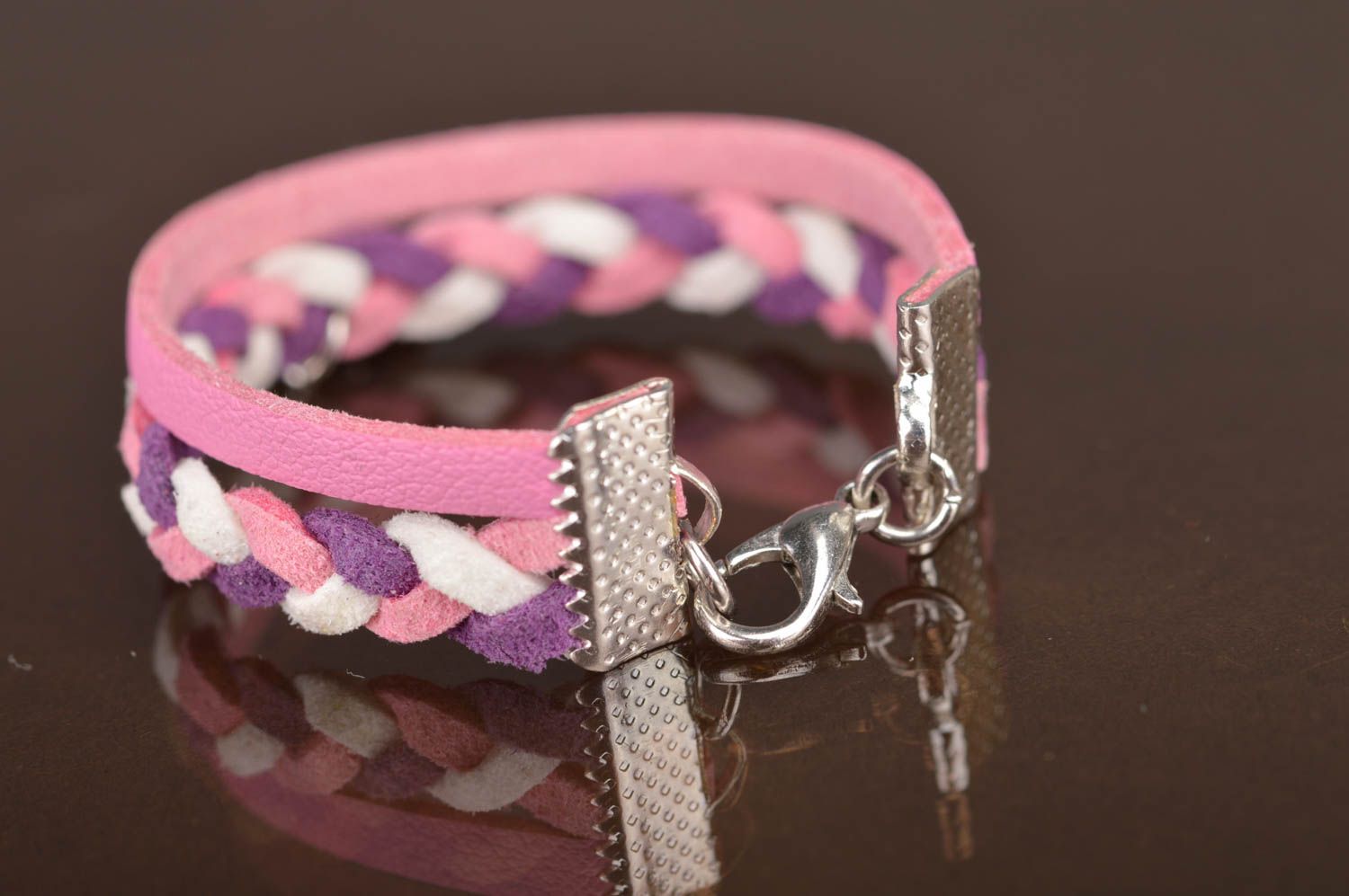 Handmade pink and violet genuine leather cord bracelet with metal apple charm photo 4
