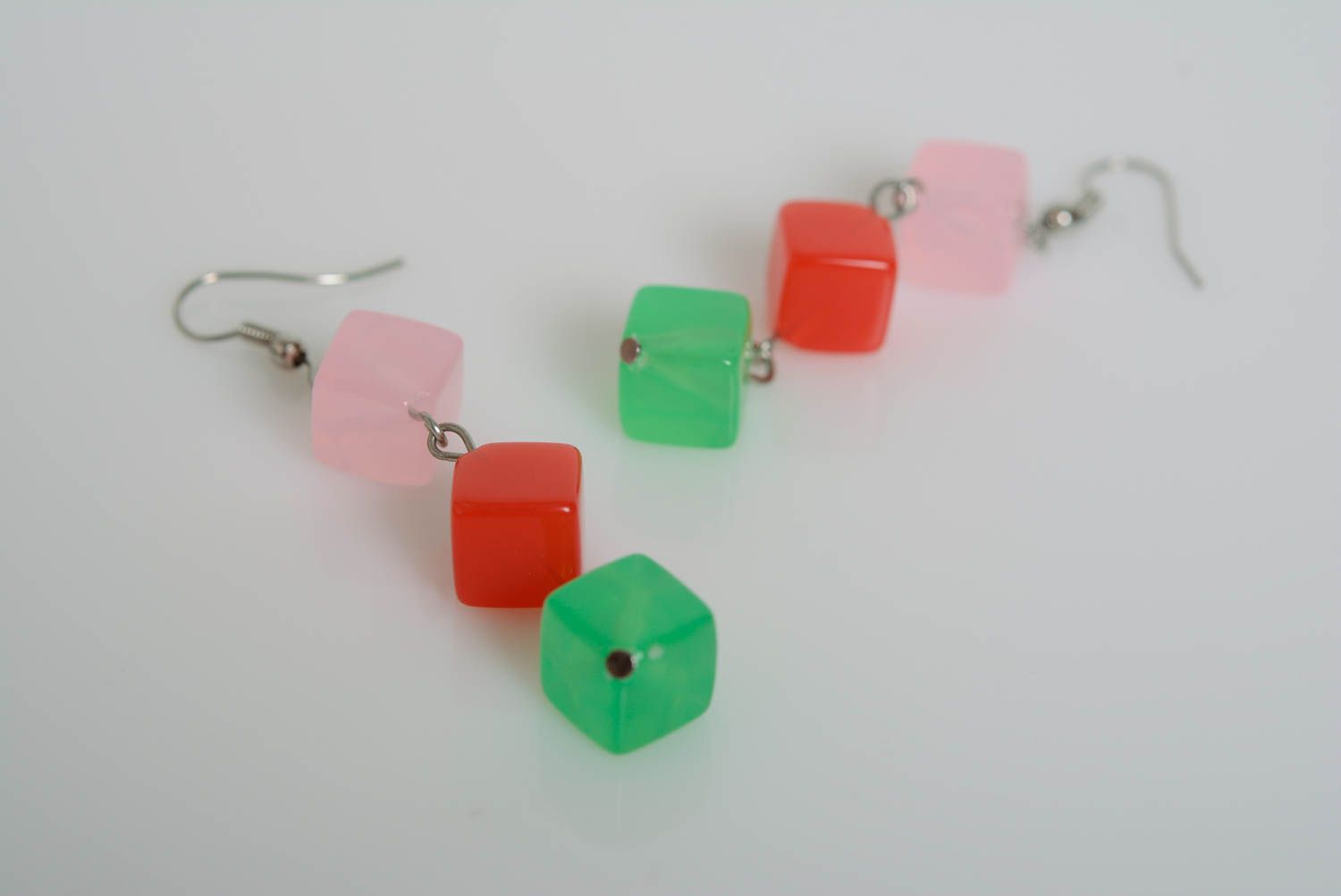 Handmade earrings with plastic beads green pink and red long designer accessory photo 2