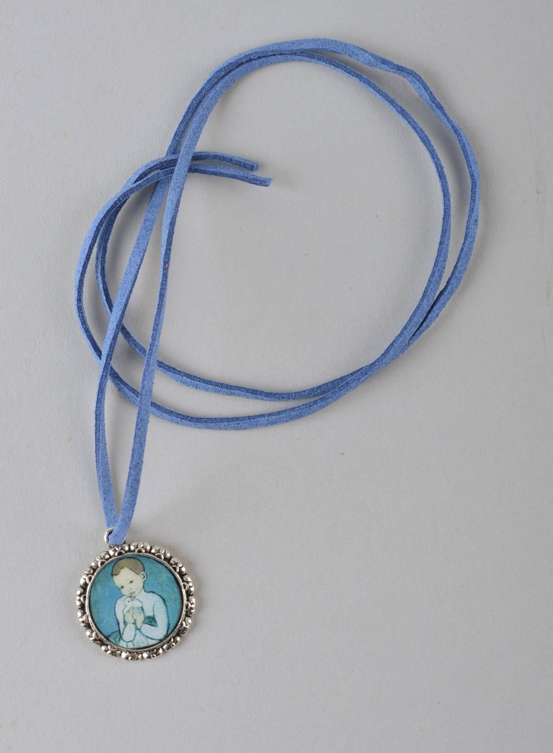 Handmade metal pendant with print designer jewelry pendant on long cord photo 2