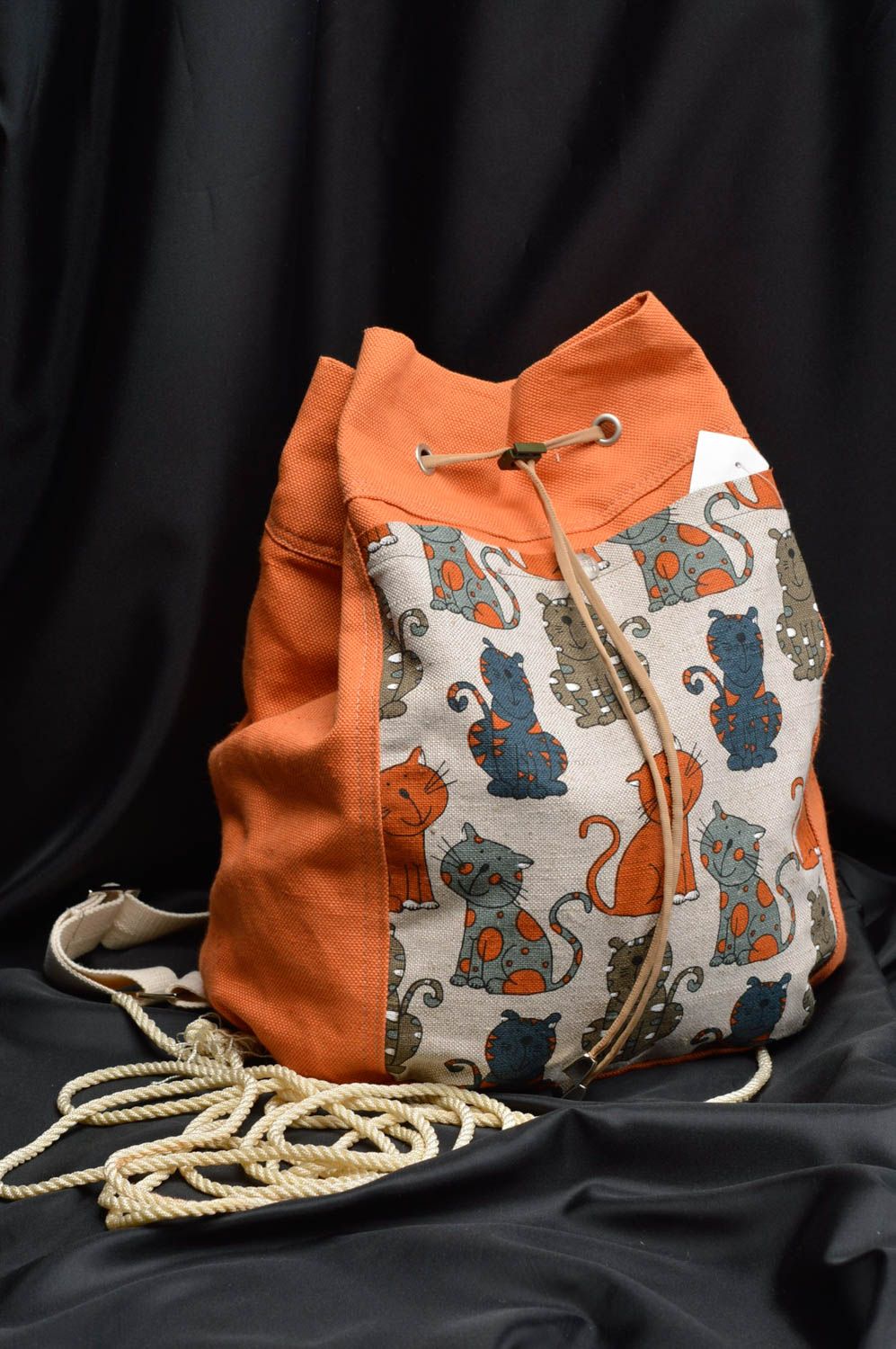 Sac à dos fait main Sac tendance Cadeau original orange avec imprimé Chats photo 1